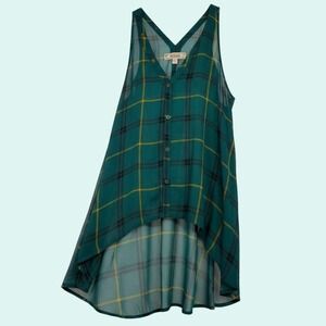 DECREE Women's Green Yellow Black Plaid Sleeveless V-Neck High Low Hem Top XL